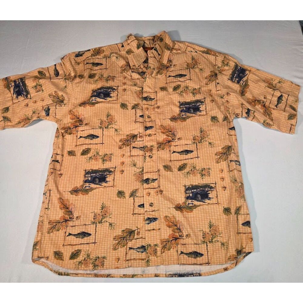 Jeep Button Up Shirt XL Outdoor Fishing Print Short Sleeve